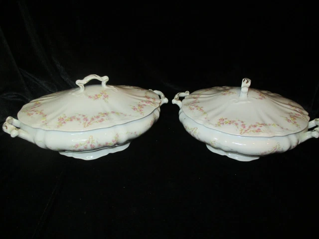 Antique Op Railroad Syracuse China Rose Festoon Pink Rose Swags 2 Covered Bowls