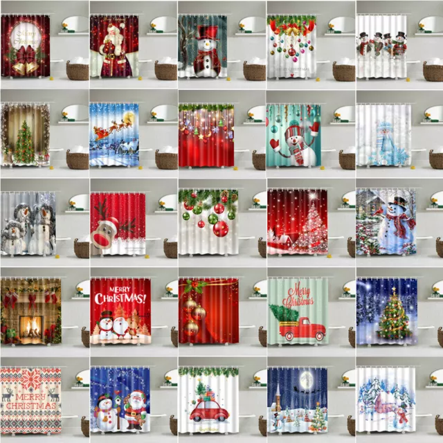 Christmas Shower Curtain Waterproof Bathroom Snowman Sleigh Tub Santa 180*180cm