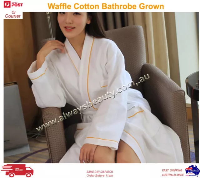 Unisex Waffle Weave Cotton Bath Robe Bathrobe Spa Deluxe Gown Kimono 380GSM