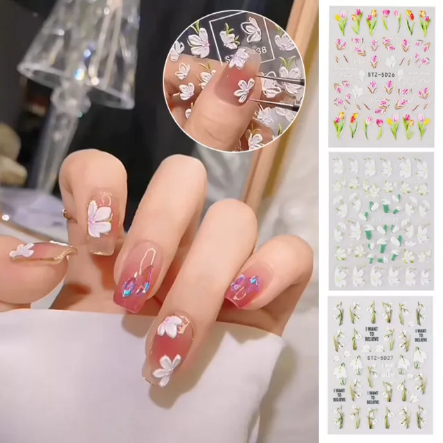 Uña Pegatina Auto Adhesivo Dulce 5D Tulipanes Floral Hoja DIY Manicura  <