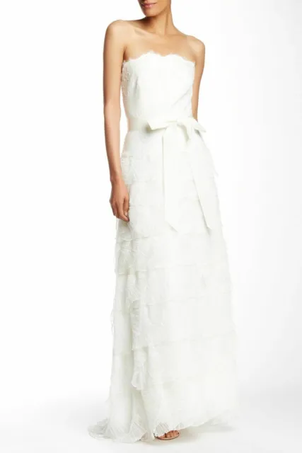 TADASHI SHOJI Strapless Lace Bodice Scalloped Wedding Gown Sz 8 Ivory