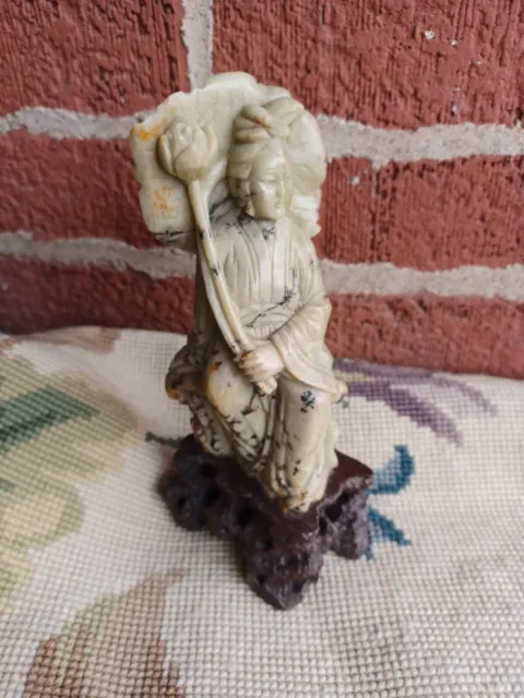 Vintage Hand Carved Soapstone Hard Stone Chinese Guan Yin Statue Figurine