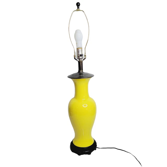 Bright Yellow Lamp Chinese Imperial Urn Style 32" Brass & Porcelain Mid Century