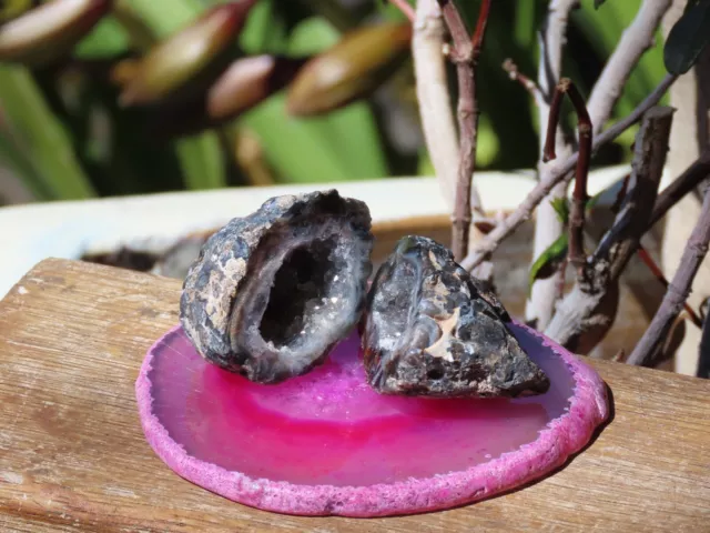 1 x Pink Agate Crystal Slice & 1 Natural Agate Crystal Geode Pair