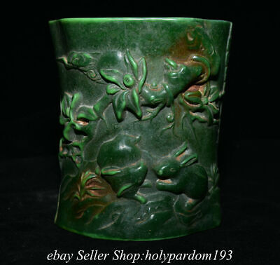 5.2" Rare Old Chinese Green Jade Carved Fengshui Rabbit Peach Brush pot T