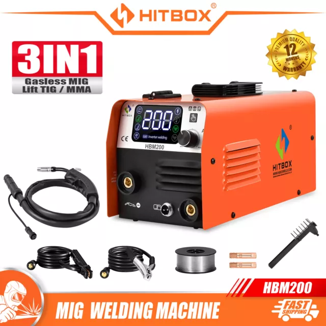 HITBOX 3IN1 MIG WELDER MMA TIG DC 200Amp GASLESS IGBT 220V INVERTER MIG WELDER