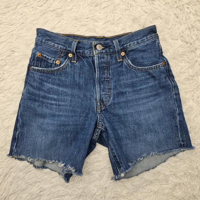 Womens Levi's 501 Button Fly Mid Rise Classic Denim Cut Off Blue Jean Shorts 24