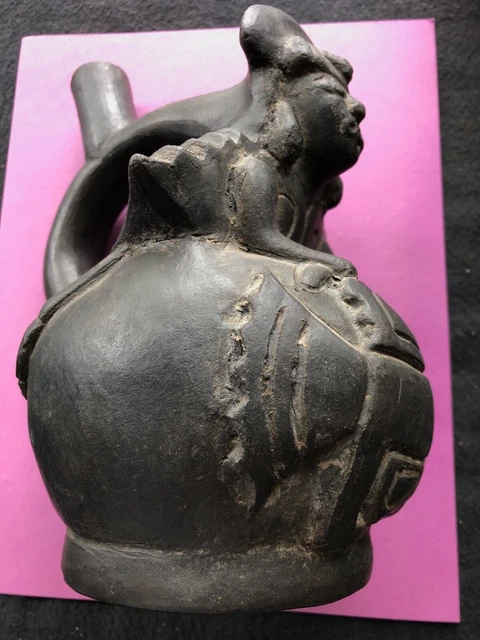 Black Pottery Chimu Figural Vessel Blackware Stirrup Jar Primitive Art Fish Mark