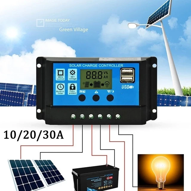 Práctico regulador de carga solar regulador azul + negro DC 12V/24V LCD herramienta
