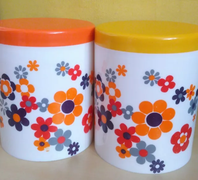 Vintage Flower Power Canisters Storage Tubs Kitsch Retro 60s 70s Yellow Orange