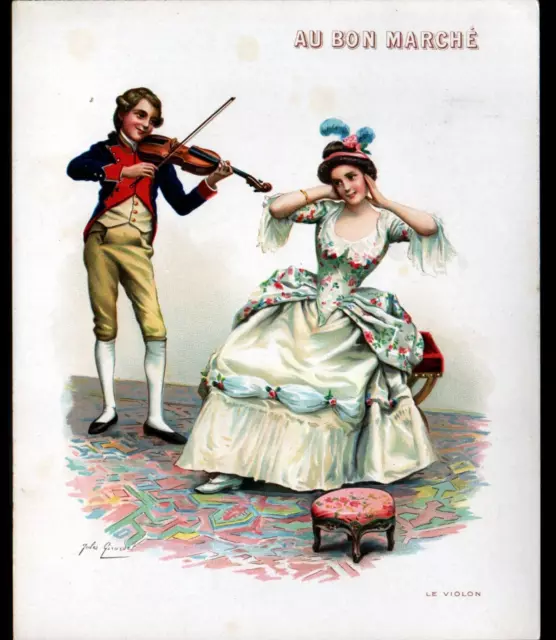 IMAGE AU BON MARCHE / GRANDE CHROMO / MUSICIEN avec VIOLON & FEMME