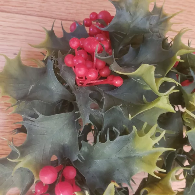 Vintage Winter Holly Candle Ring, Green Leaf & Red Berry Plastic Centerpiece