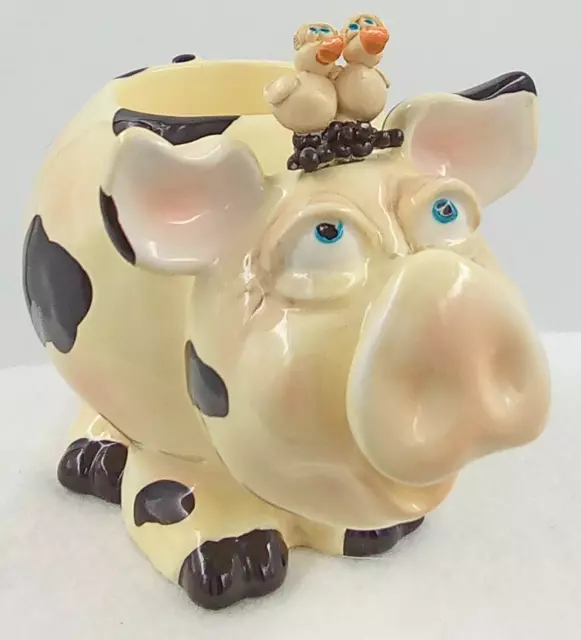 Cow Duck Chicks on Head Figurine Ceramic 1980's? Tan Black Yellow Candle Holder