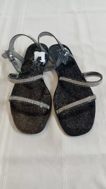 Sequin ankle strap sandal nwot large 8/9 black marbled back ground flat bottom