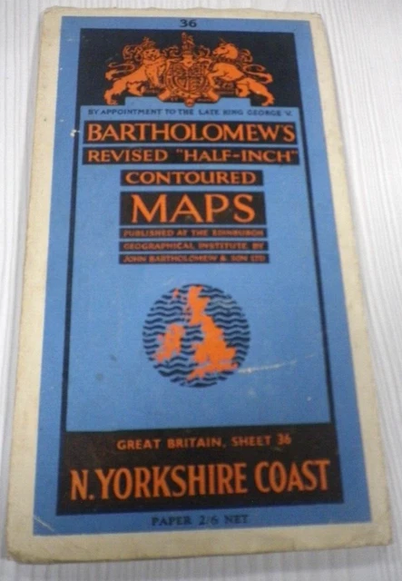Vintage Bartholomew's half-inch contoured Paper map No.36 North Yorkshire Coast