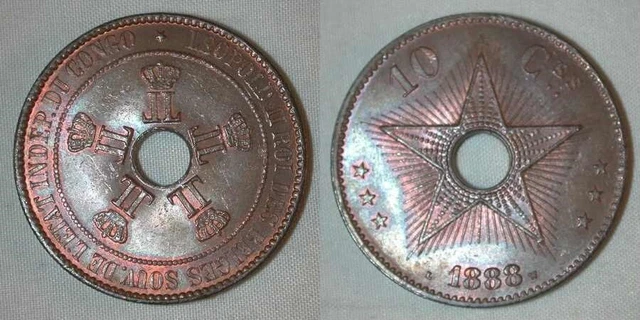 Great 1888 Large Size Copper Coin Hole in Middle 10 Centimes Congo Free State