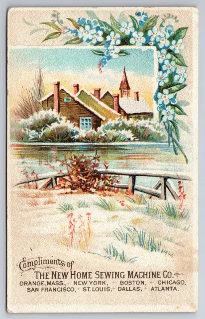 1880s Victorian Trade Card New Home sewing Machine Co Winter Scene ~11833