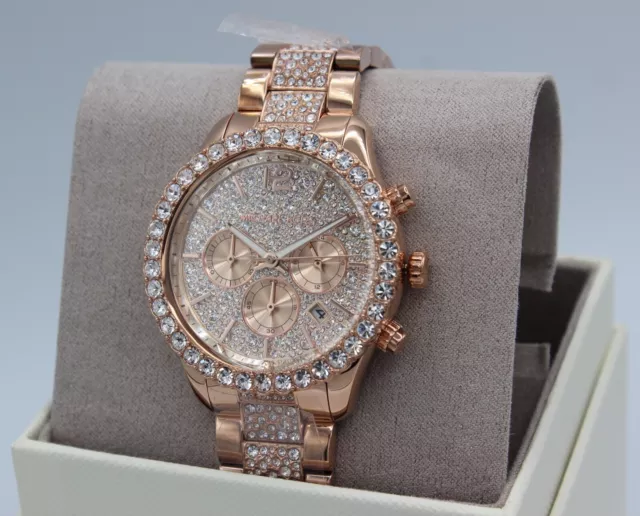 New Authentic Michael Kors Layton Rose Gold Crystals Glytz Women's Mk7285 Watch