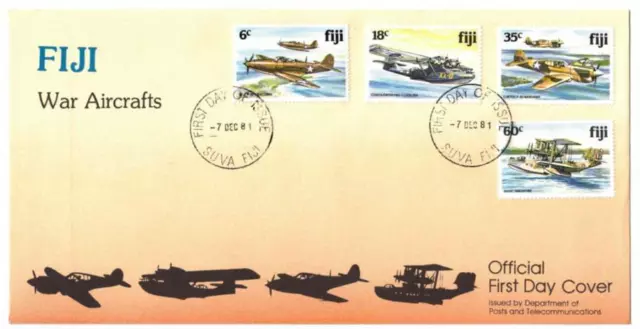 Avión de guerra Scott de Fiji #454-457. Funda de primer día/FDC. 7 de diciembre de 1981