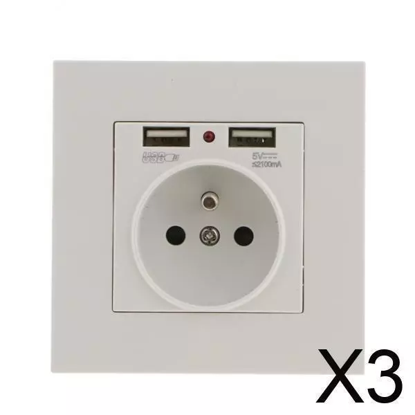 3PCS Prise Murale USB Electrique 16A/5V Prise EU Adaptateur Chargeur EU Blanc