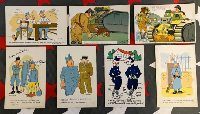 Lot de 7 CPA Carte Postale dessin Humour Militaire en couleur très bon état