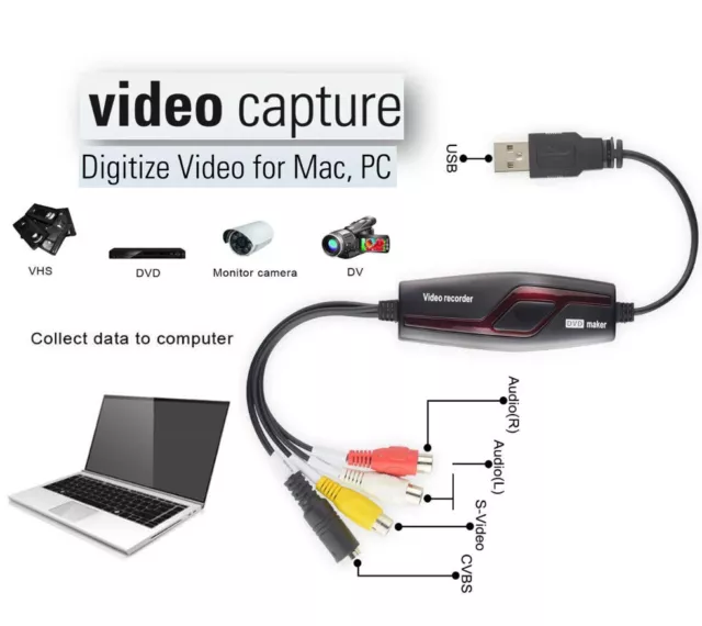 USB VIDEO GRABBER Capture Card,Hi8 VCR VHS To Digital DVD Converter Mac