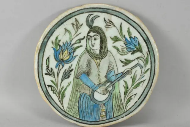 Large Antique Qajar Persian Ceramic Tile 19c. Iznik Musician Islamic Art 10 1/2"