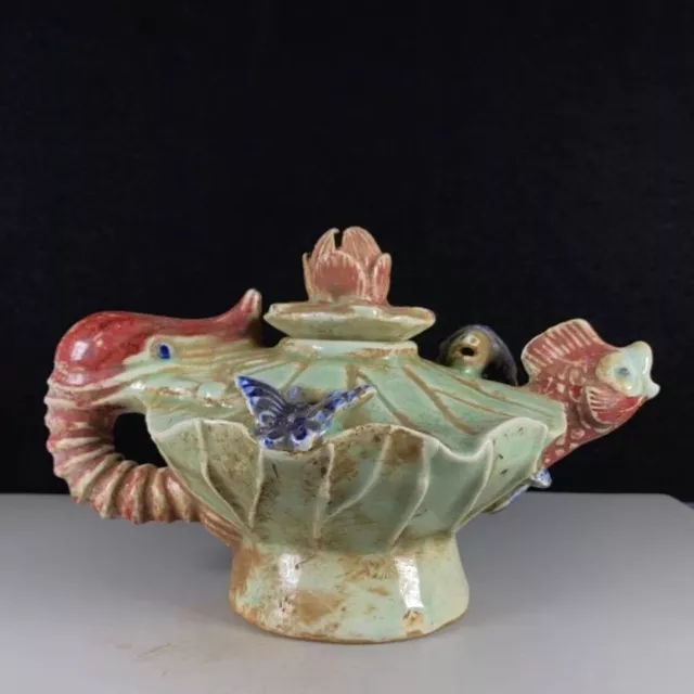 Vintage Blue and White Underglaze Red Porcelain Lotus Leaf Teapot