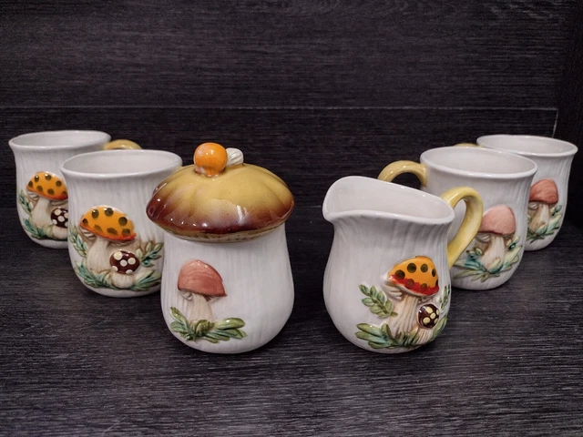 Vintage Sears Merry Mushrooms Sugar & Creamer +4 Mugs Set 1978 Made In Japan Vintage Sears Merry Mushrooms Sugar & Creamer +4 Mugs Set 1978 Made In Japan