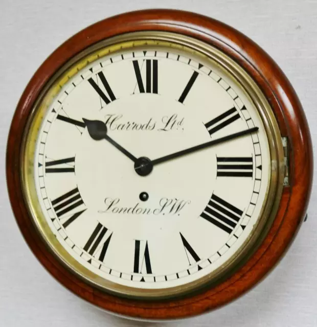 Antique 13" Diam Harrods Of London 8 Day Single Fusee Mahogany Dial Wall Clock 2