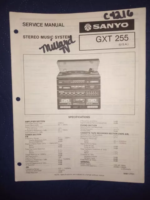 Sanyo Gxt255 Stereo Music System Original Service Repair Manual