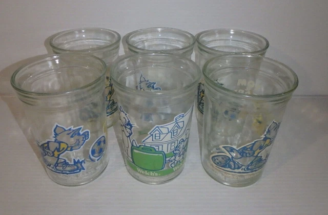 6 Vintage WELCH'S Jelly Jar Juice Glasses TOM & JERRY Cartoon '91 / Movie '93
