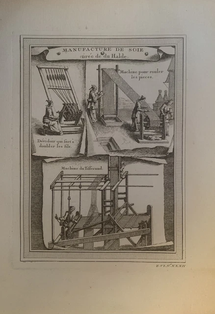 2 stampe francesi Lavorazione della Seta XVIII secolo Enciclopedia Bachi