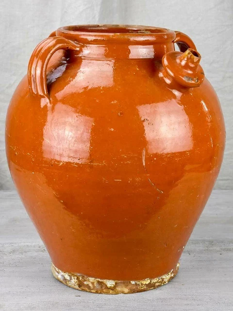 Very large late 19th Century French water pitcher with four handles & brown glaz