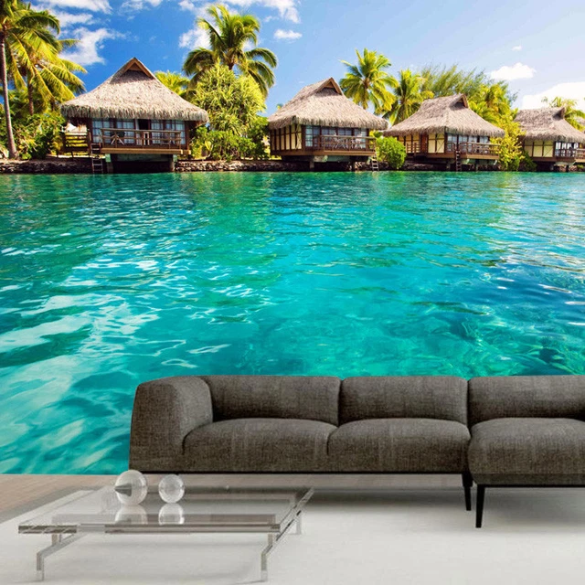 Playa Árbol Tropical Mar Bungalow Foto Papel pintado Pared Mural Dormitorio Decoración