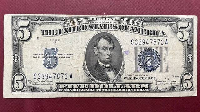 1934 D Five Dollar Silver Certificate $5 Bill Blue Seal Note Circulated #59018