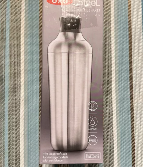 OXO Steel 24 Oz Single-Wall Cocktail Drink Shaker With Strainer And Jigger NEW