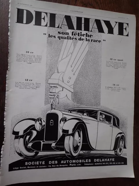 DELAHAYE par René RAVO + GEVELOT + ASPIRON PARIS RHONE pub ILLUSTRATION 1928