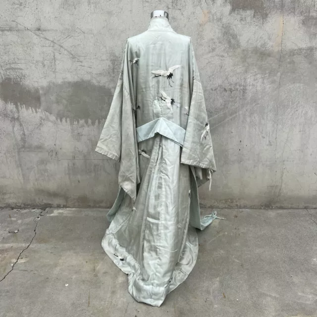 Antique 1920s Blue Tissue Silk Embroidered Crane Bird Robe  Kimono Dressing Gown