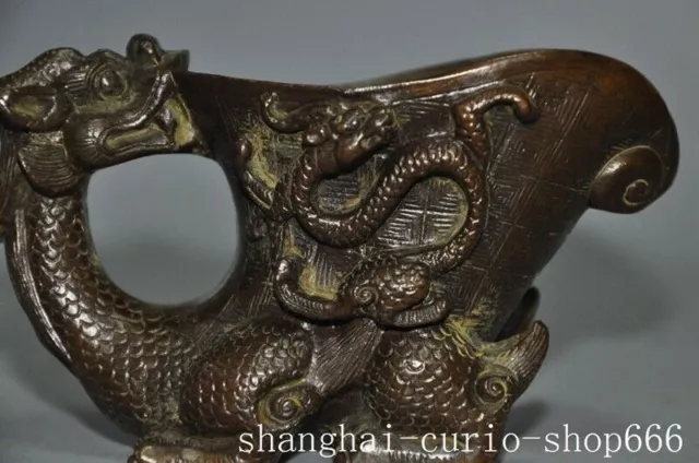 5"China dynasty Ancient bronze dragon loong beast goblet wineglass cup Statue 2