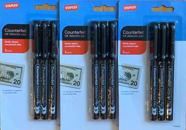 3 Packs Of Staples Counterfeit Pens- 3 Pens In Each Pack (1128403) Qty 9 Pen-New