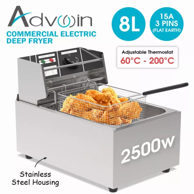 Advwin Electric Deep Fryer 8L Commercial Single Basket Stainless Steel Kitchen