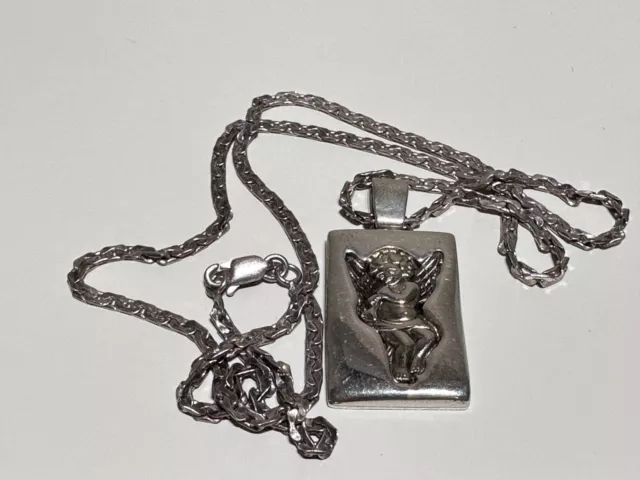 Vintage Beautiful Men Ladies Silver 950 Pendant With Angel Cherub+ Silver Chain