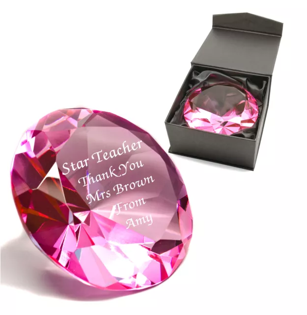 Personalised Diamond Shape Pink Crystal Glass Paperweight, Engraved, Gift Box