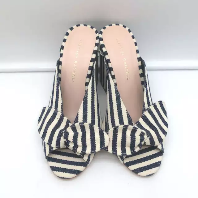 Loeffler Randall Bow Mules Navy/Cream Striped Canvas Size 6 Peep Toe Sandals 3