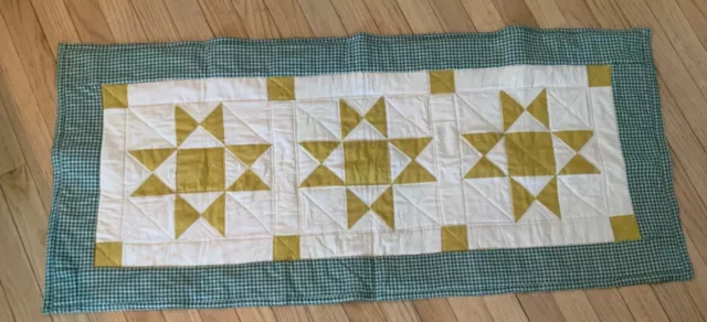 Beautiful Homemade Folk Art Country Table Runner, 46” X 20”-Green Quilt Homespun