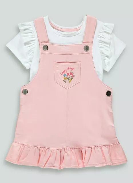 Ex Matalan Baby Girls Pink Floral Heart Pinafore Dress & Top Outfit  9 12 18 24