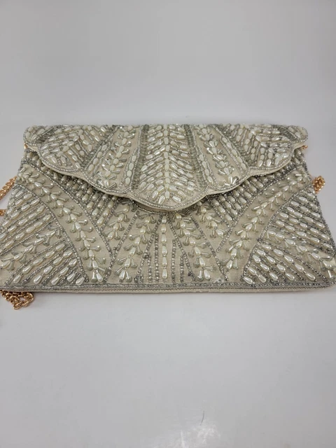 Hand Beaded Crossbody Bag Wedding Clutch Purse Seed Pearls Beads Gold Chain