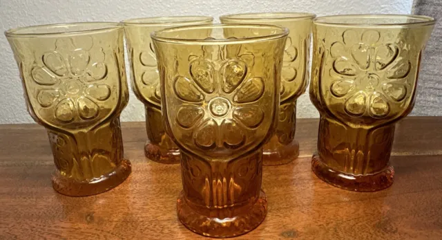 Vintage 4"in Libbey Country Garden Daisy Amber Juice Drinking Glasses Set of 5