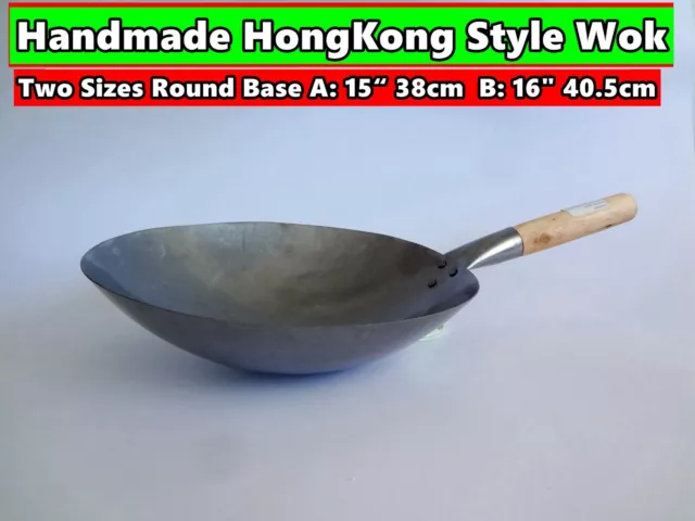 Hong Kong Good Quality Heavy Duty Iron Wok Wooden Handle Round Base Stir Fry